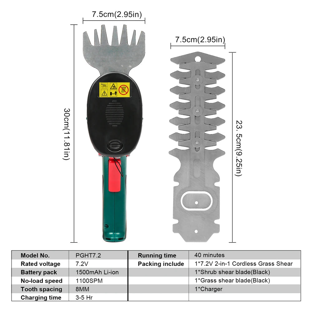POSENPRO 7.2V Pruning Shears 2in1 Cordless Grass Hedge Trimmer Battery Rechargeable Shear Hedger Cordless Garden Tool