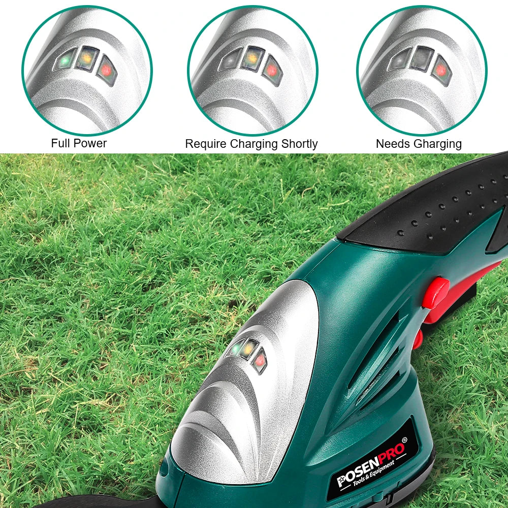 POSENPRO 7.2V Pruning Shears 2in1 Cordless Grass Hedge Trimmer Battery Rechargeable Shear Hedger Cordless Garden Tool