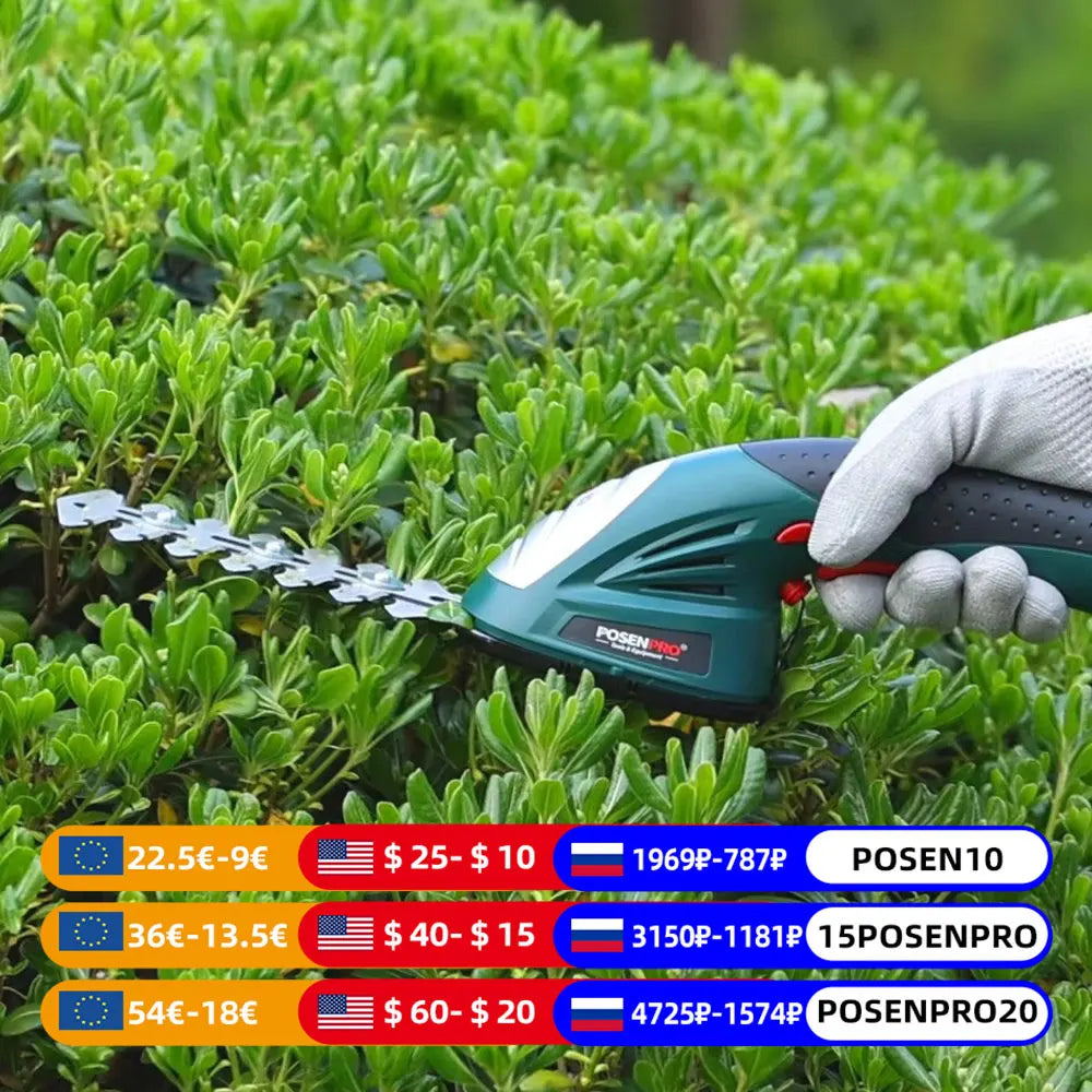 POSENPRO 7.2V Pruning Shears 2in1 Cordless Grass Hedge Trimmer Battery Rechargeable Shear Hedger Cordless Garden Tool