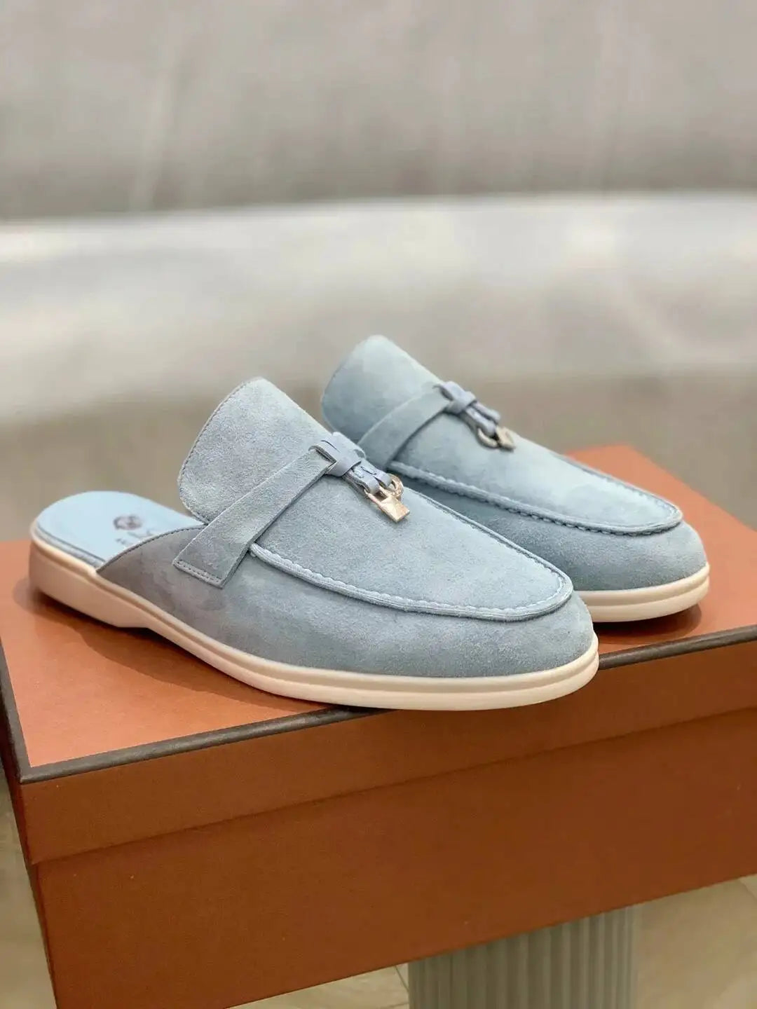 Women's British Round Head Deer Leather Tassel Terry Flat Mule Half Slippers | Cozy Lazy Home Shoes
