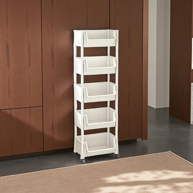 Five-layer storage cart with 4 wheels, suitable for bedroom and living room, multi-function mobile rack, bathroom and dormitory storage and finishing rack, home storage rack (non-food contact) storage and finishing