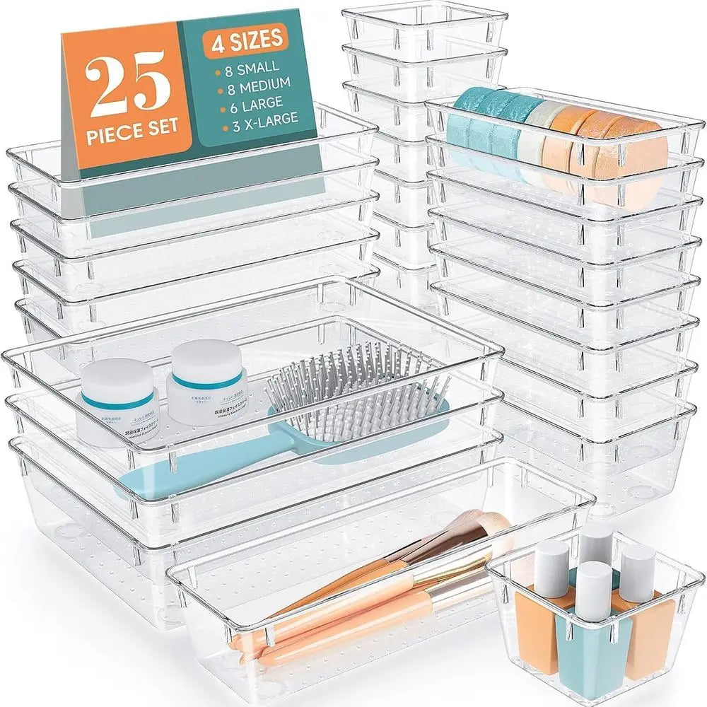 25 PCS Clear Plastic Desk Organizer Set, 4 Sizes Divider Organizers and Storage Bins for Makeup, Jewelry, Gadgets, Kitchen, Bedr