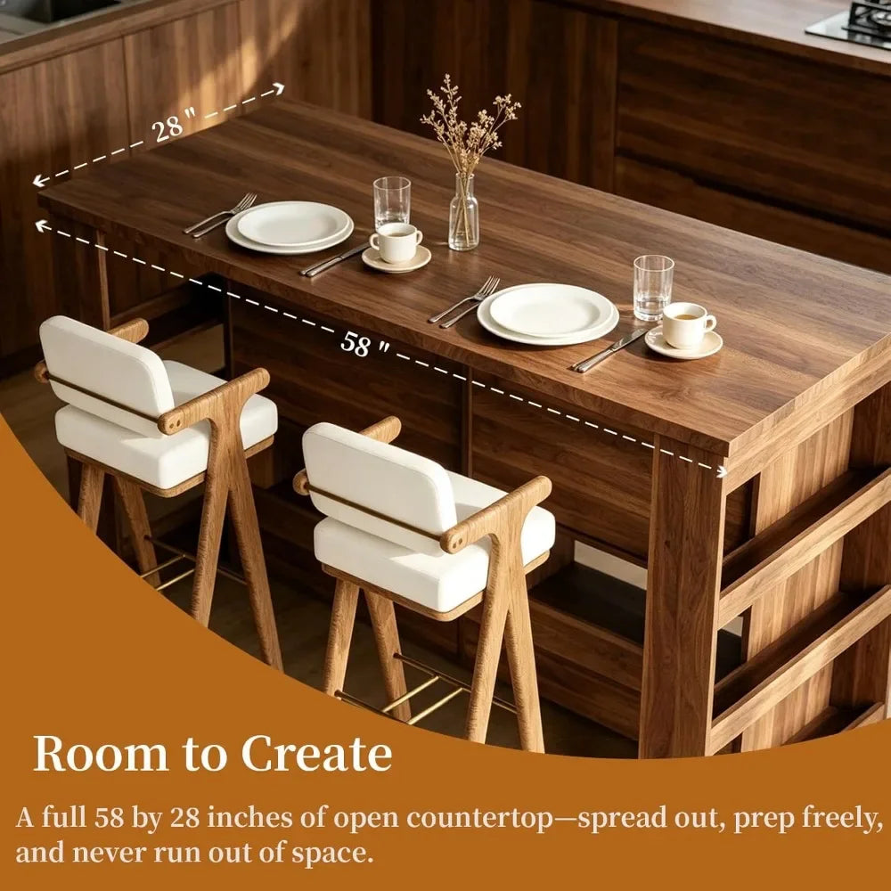 58" Farmhouse Kitchen Island with Storage, Bar Height Stationary Island with Seating, 2 Drawers & Shelves, Walnut