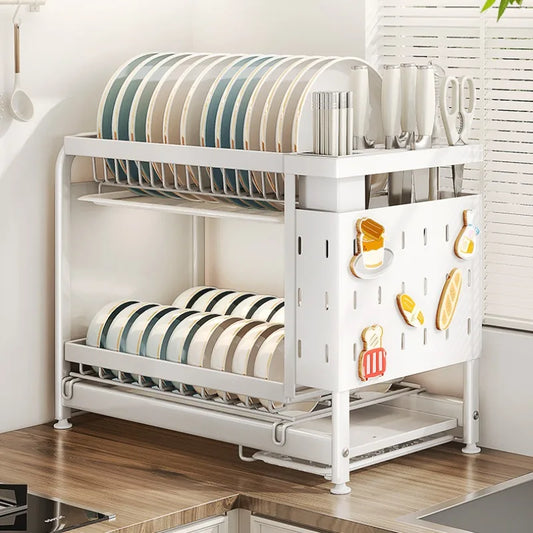 Kitchen Dish Cutlery Organizer - Multi-Function Hole Panel Storage Rack with Draining Tray Space-Saving Countertop Design
