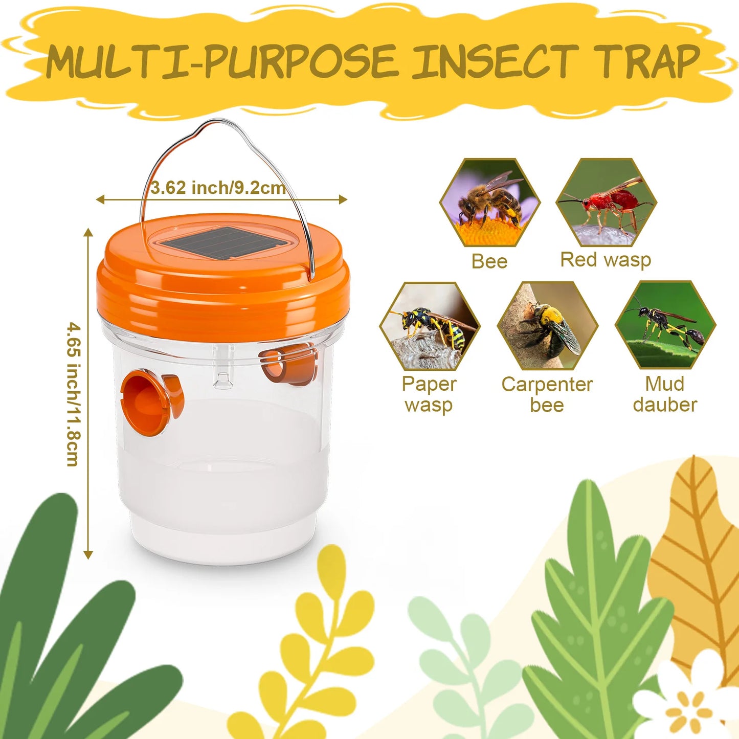3 Pcs Outdoor Hanging Solar Wasp Traps With LED Light Outside Carpenter Bee Trap Reusable Yellow Jacket Catcher Hornet Flying Insect Bee Killer Deterrent For Patio Lawn Garden
