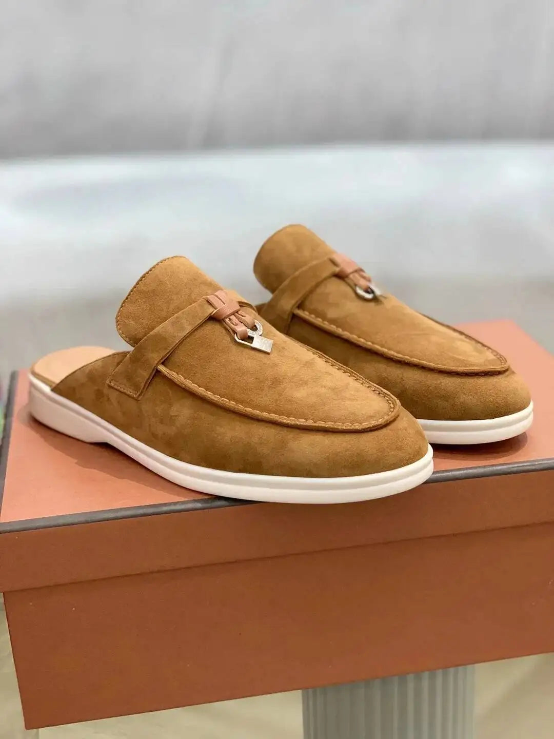 Women's British Round Head Deer Leather Tassel Terry Flat Mule Half Slippers | Cozy Lazy Home Shoes