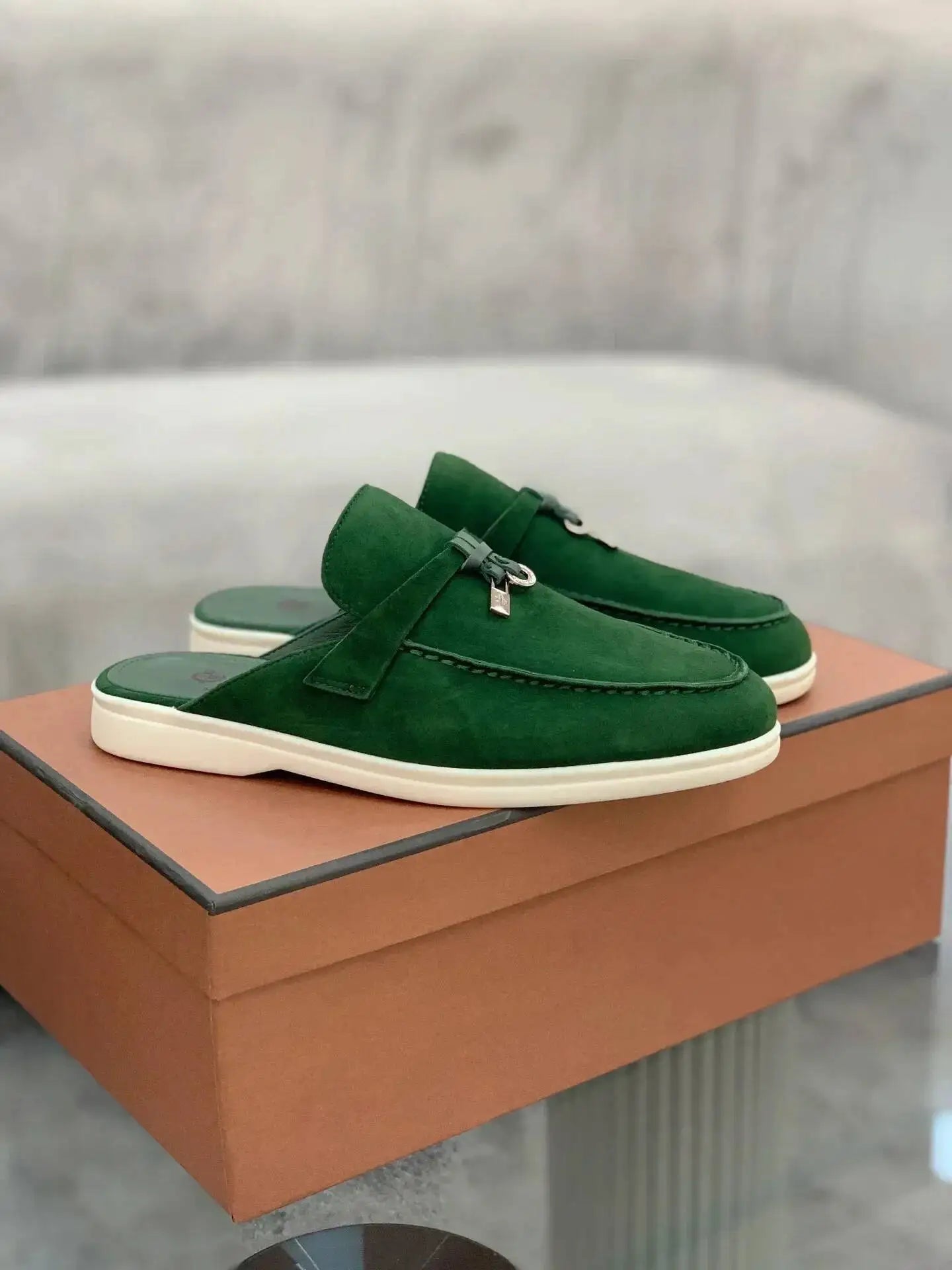 Women's British Round Head Deer Leather Tassel Terry Flat Mule Half Slippers | Cozy Lazy Home Shoes