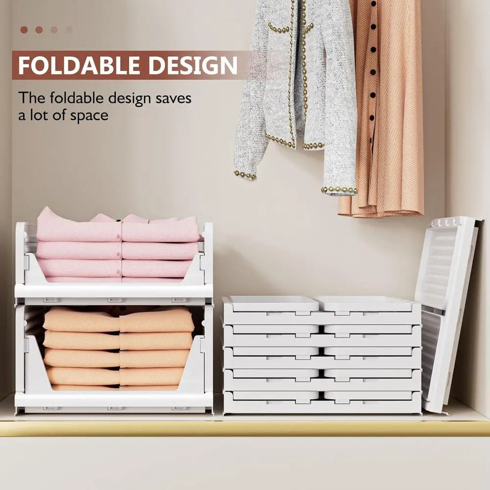 5 Pack Closet Organizers Storage Box, Stackable Storage Bins, Plastic Der Basket or Wardrobe Cupboard Kitchen Bathroom, White