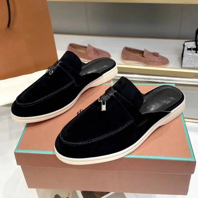 Women's British Round Head Deer Leather Tassel Terry Flat Mule Half Slippers | Cozy Lazy Home Shoes