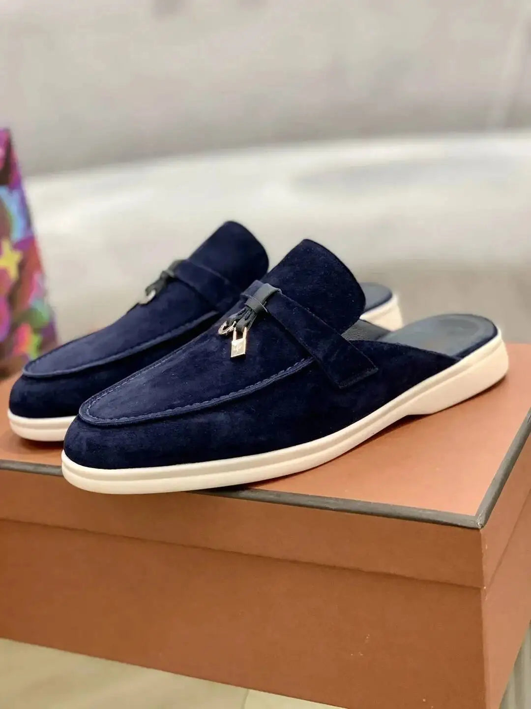 Women's British Round Head Deer Leather Tassel Terry Flat Mule Half Slippers | Cozy Lazy Home Shoes