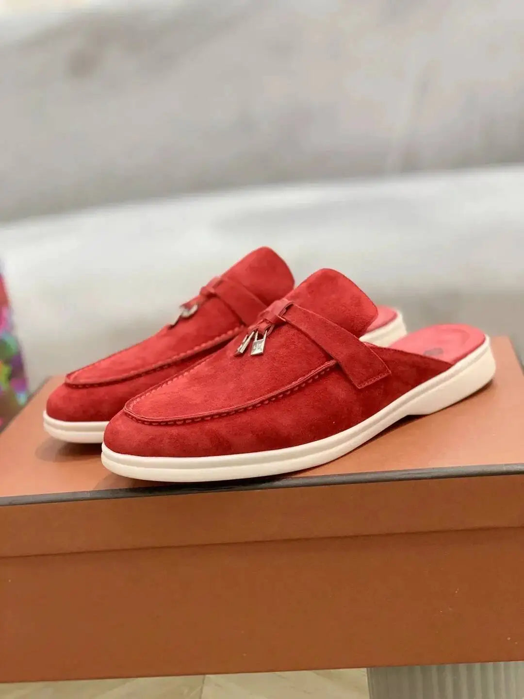 Women's British Round Head Deer Leather Tassel Terry Flat Mule Half Slippers | Cozy Lazy Home Shoes