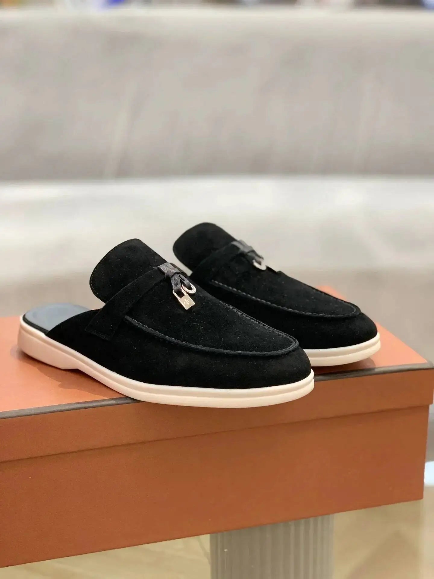 Women's British Round Head Deer Leather Tassel Terry Flat Mule Half Slippers | Cozy Lazy Home Shoes