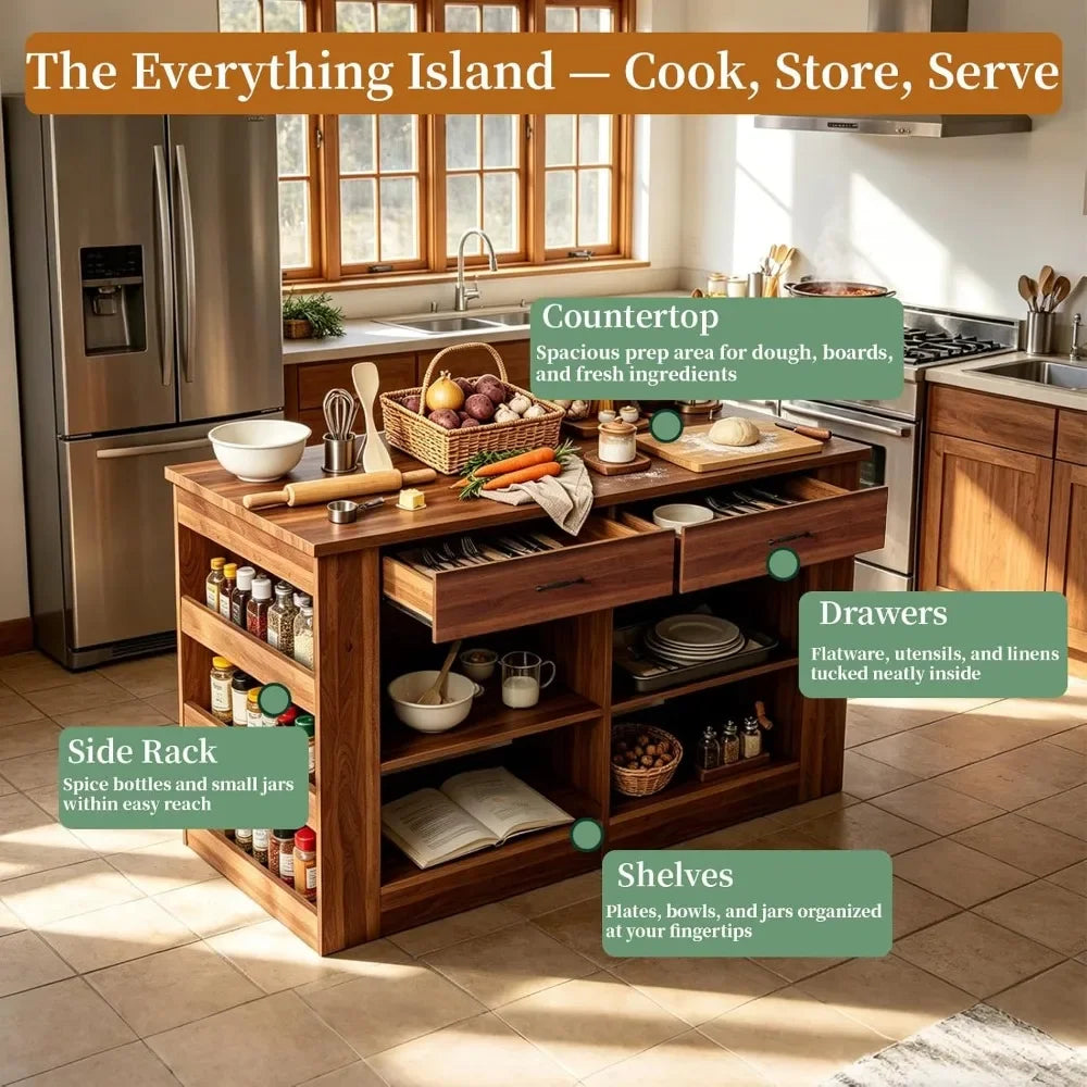 58" Farmhouse Kitchen Island with Storage, Bar Height Stationary Island with Seating, 2 Drawers & Shelves, Walnut